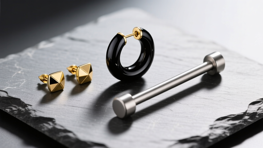 Flat lay of masculine jewelry on slate: 14k gold screw-back studs, a black onyx huggie, and a titanium barbell, shot from above