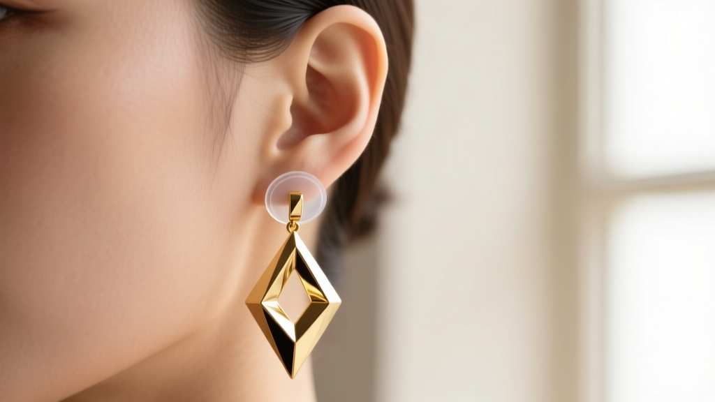 Close-up of an earlobe wearing a heavy gold geometric drop earring, supported by a clear silicone lifter pad behind the skin.