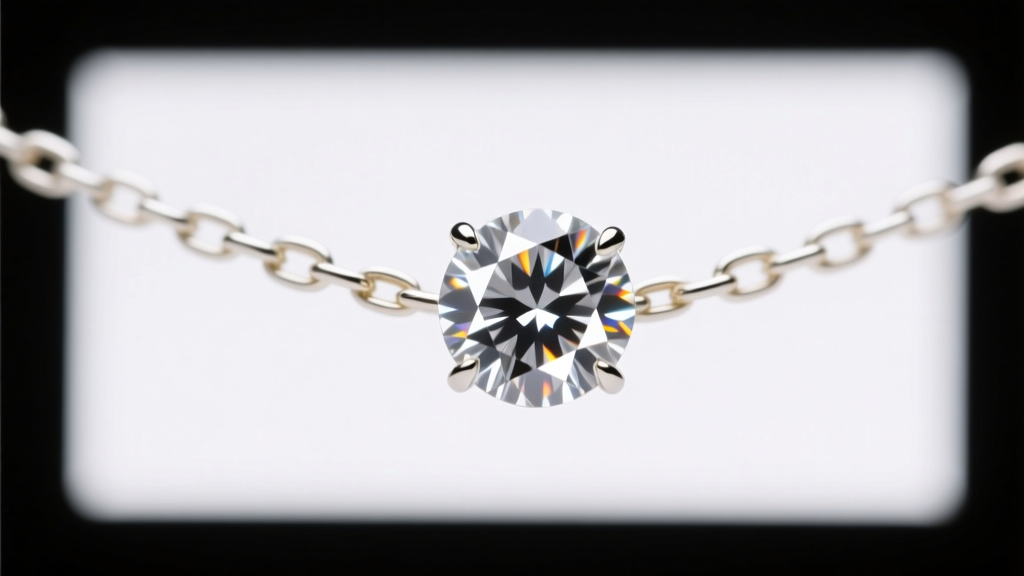Macro shot of a one carat round diamond floating in a tension setting on a delicate white gold chain under bright studio lighting