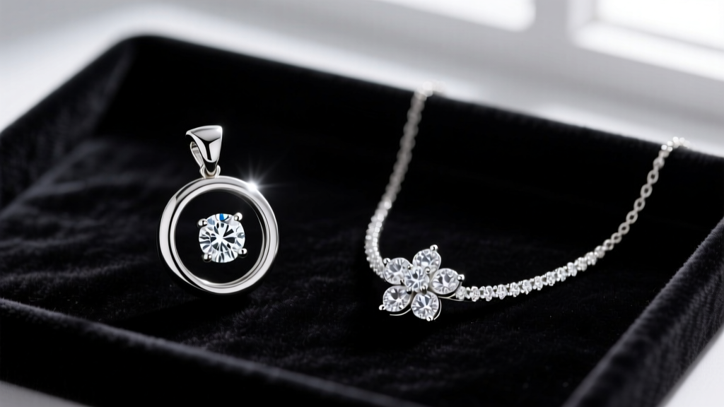 Side-by-side view of a bezel-set diamond initial pendant and a prong-set diamond flower necklace resting on a dark velvet tray.