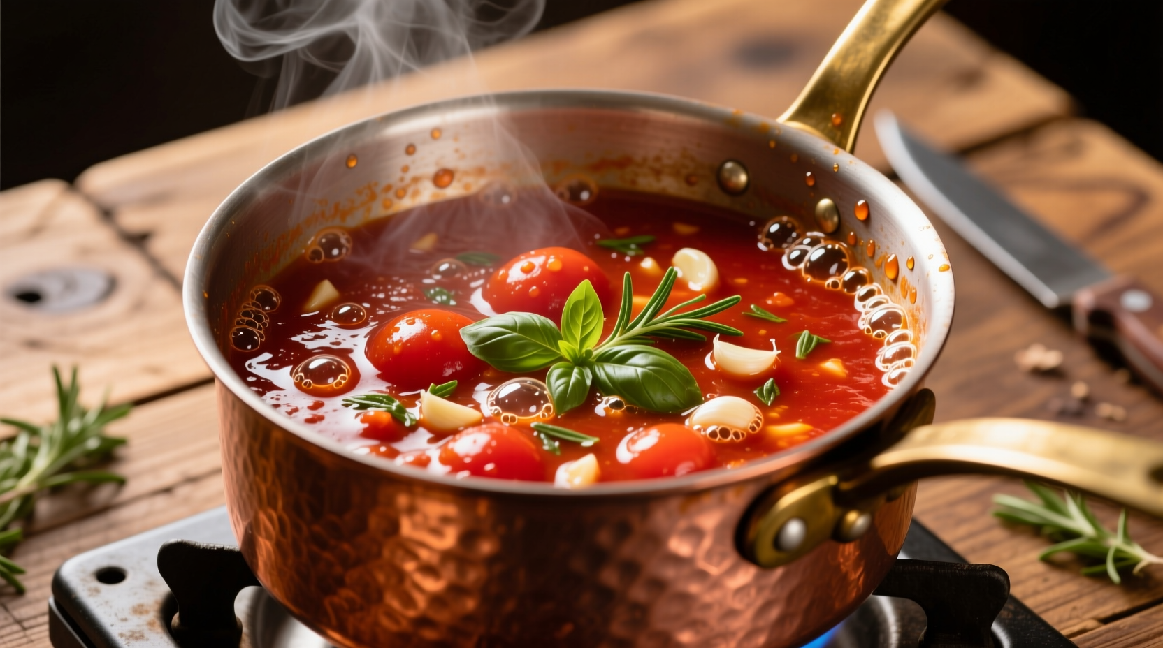 Fresh tomato sauce simmering in copper pot