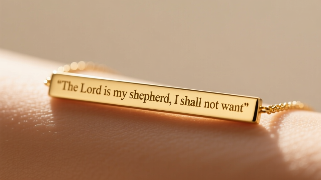 Macro shot of a 14k gold horizontal bar necklace on skin, showing crisp laser-engraved Psalm 23 text in a classic serif font