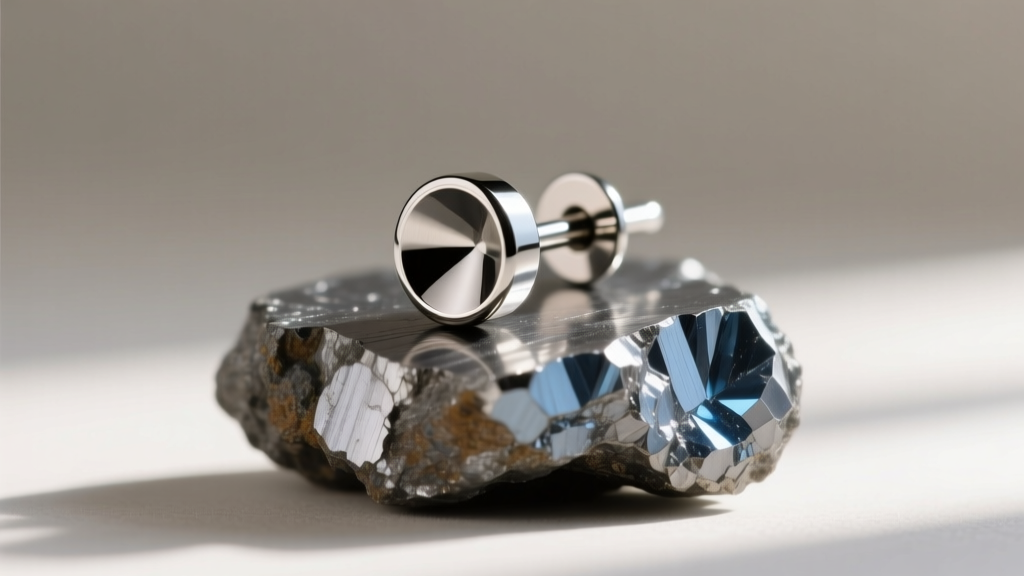 Macro photography of a polished ASTM F136 titanium labret stud earring resting on raw, unpolished titanium ore.