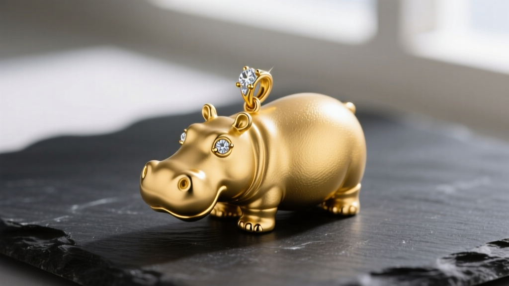 Close-up of a solid 14k yellow gold hippo pendant with matte texture and tiny diamond eyes, resting on a dark slate surface.