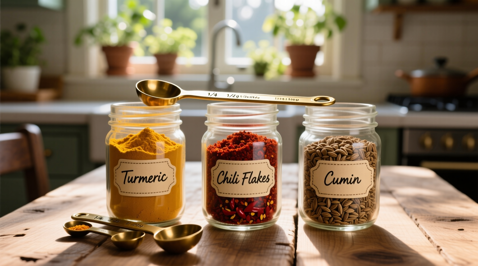 Homemade spice mix in glass jars with measuring spoons