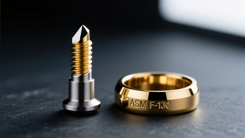 Macro shot of an ASTM F-136 titanium labret post with internal threading on dark slate next to a polished 14k gold bezel setting.