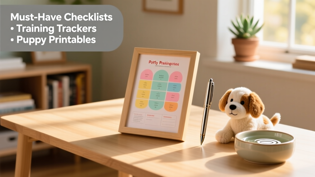 A clean, organized desk with a printed potty training chart, pen, and a small puppy toy beside a water bowl