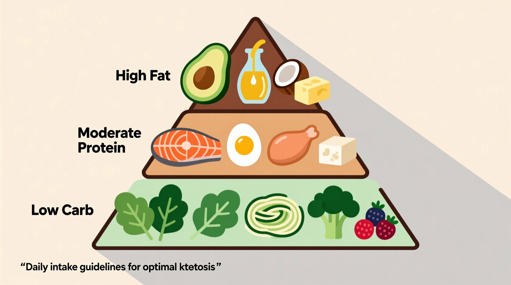 Keto food pyramid showing high fat moderate protein low carb