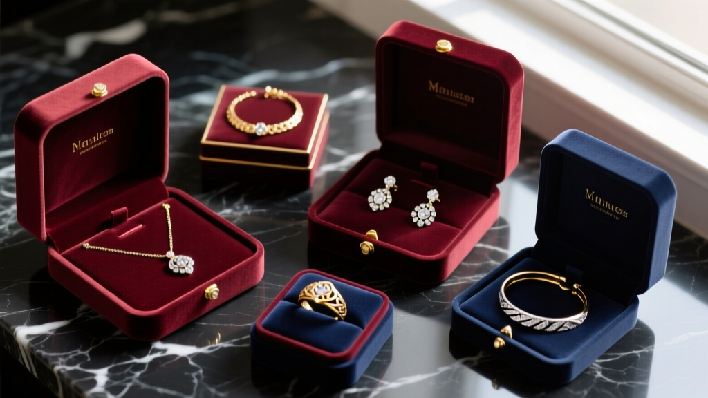 Overhead flat lay of assorted gold and silver fashion jewelry gifts resting on open velvet boxes against a dark marble background
