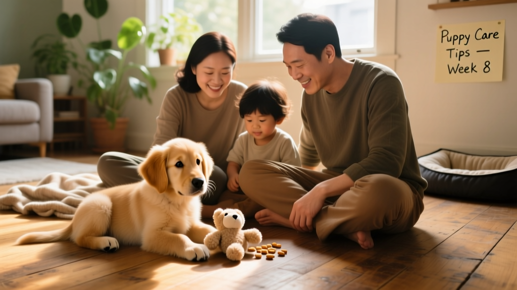 A family sitting on the floor playing gently with an 8-week-old puppy using a soft toy and treats
