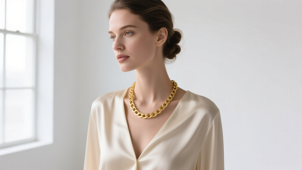Editorial shot of a woman wearing a 22-inch 14k gold paperclip chain over a cream silk blouse, soft studio lighting, chest level