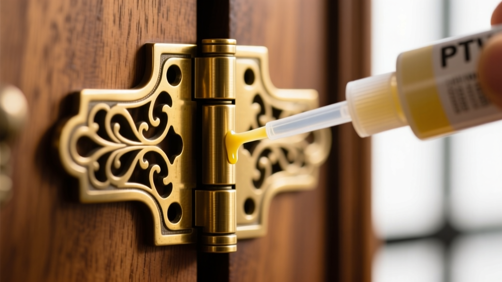 Macro shot of brass armoire hinge being lubricated with precision PTFE dry lube applicator, highlighting the intricate metalwork