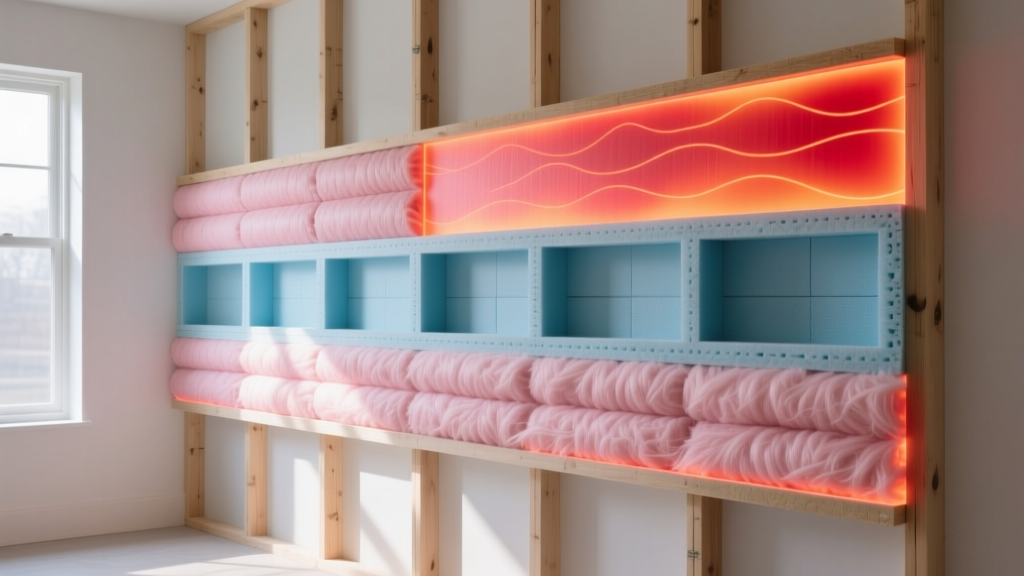Wall cross-section showing pink fiberglass batts and rigid foam board with a thermal imaging overlay highlighting heat retention