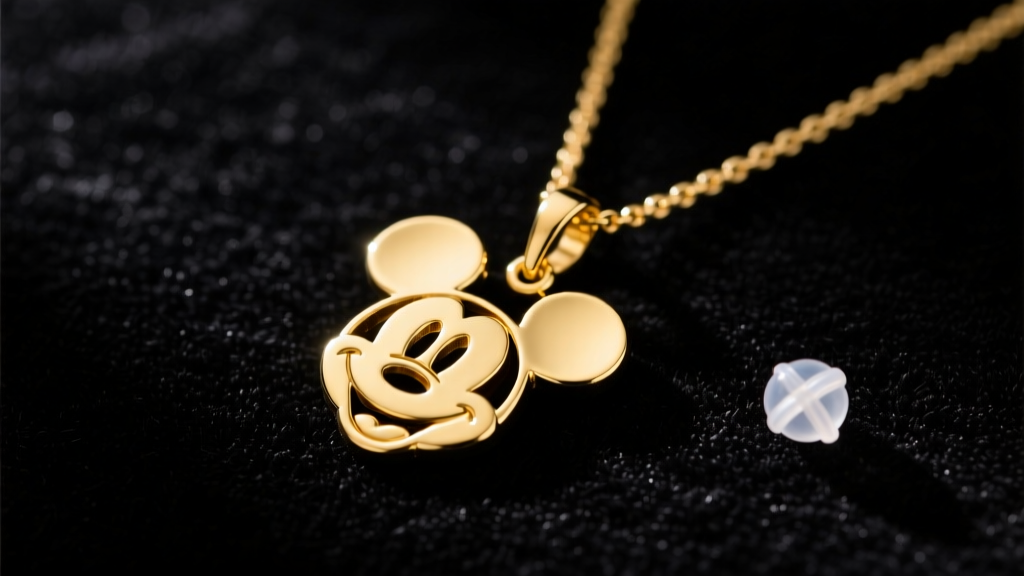 Gold Mickey Mouse necklace laid flat on dark velvet, featuring a small clear silicone anti-tangle bead on the chain near the bail.