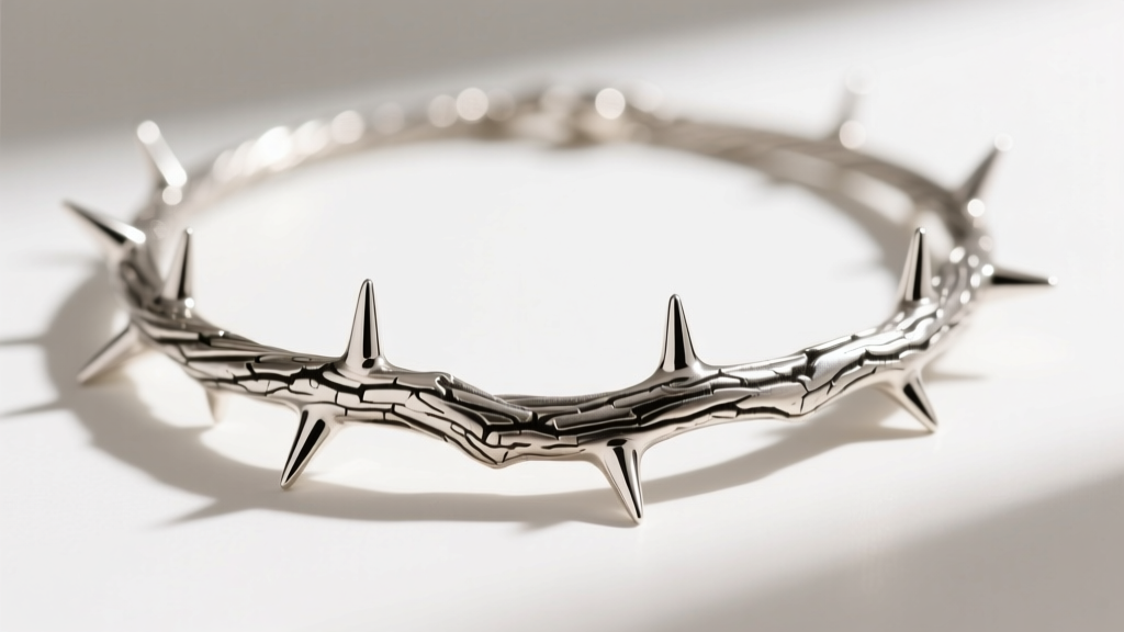 Macro shot of a 14-gauge sterling silver thorn necklace showing polished blunt tips and intricate bark textures on the main wire.