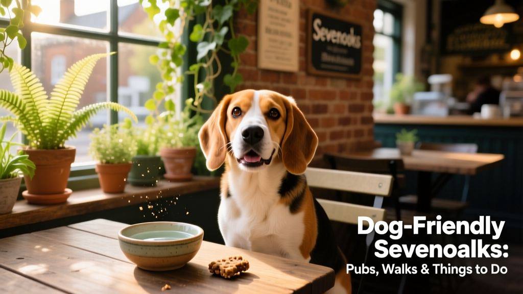 A beagle sitting happily beside a café table with a small bowl of water and a treat, in front of a bright, plant-filled window