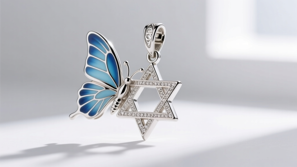 Macro shot of a sterling silver butterfly Star of David pendant with blue enamel wings, showing intricate metal texture and clasp