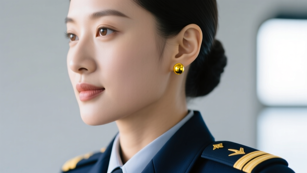 Close-up of a female sailor in Service Dress Blues wearing a single 6mm polished yellow gold ball stud earring on her lower earlobe.