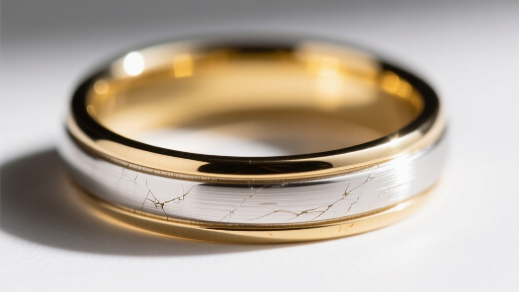 Close-up of a worn 14k white gold wedding band revealing the natural pale yellow alloy underneath the faded rhodium plating.