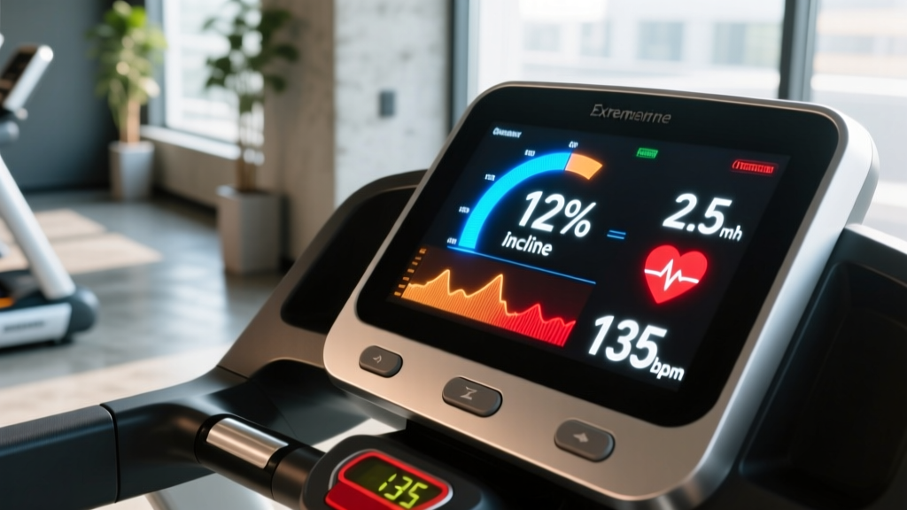 Close up of a treadmill digital console displaying a 12 percent incline and 2.5 mph speed with a heart rate monitor reading 135 bpm