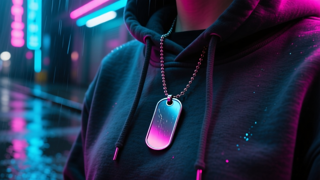 Brushed titanium military dog tag necklace resting on a dark charcoal streetwear hoodie under moody neon cyberpunk lighting.