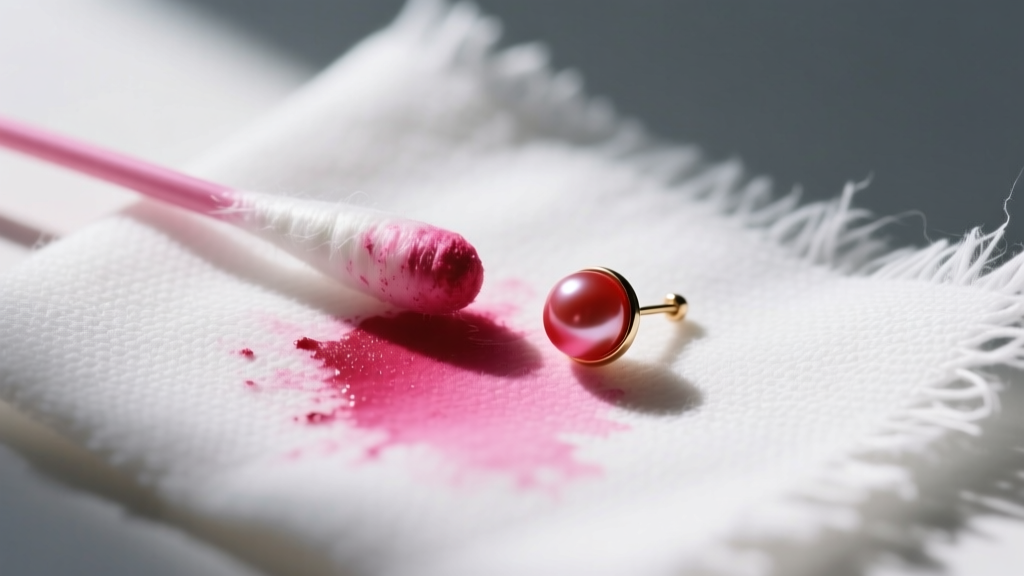 Cotton swab with pink residue after wiping a red pearl earring, showing dye transfer and color loss on a white cloth.