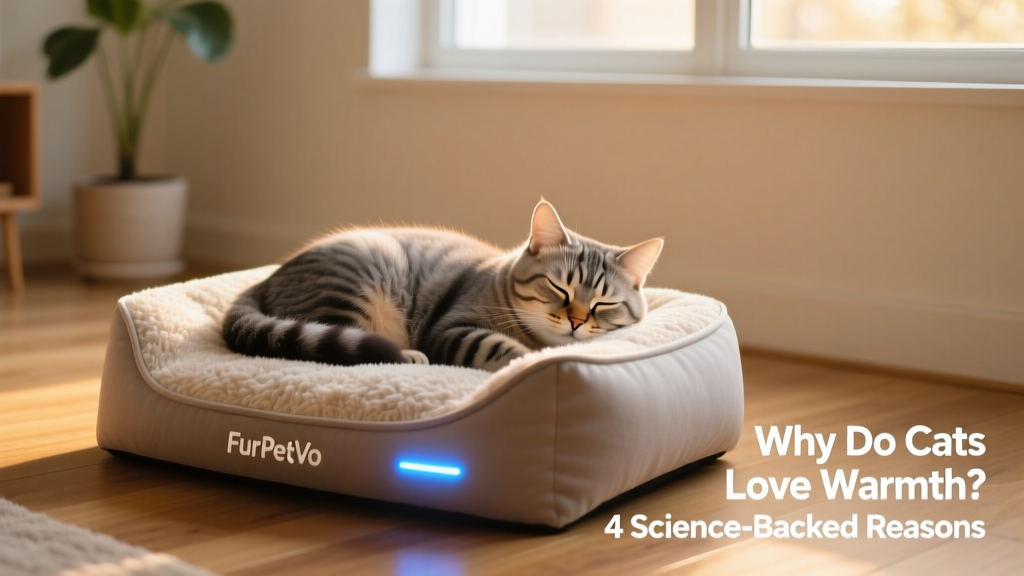 Cat peacefully sleeping on a FurPetVo heated bed with subtle LED indicator light