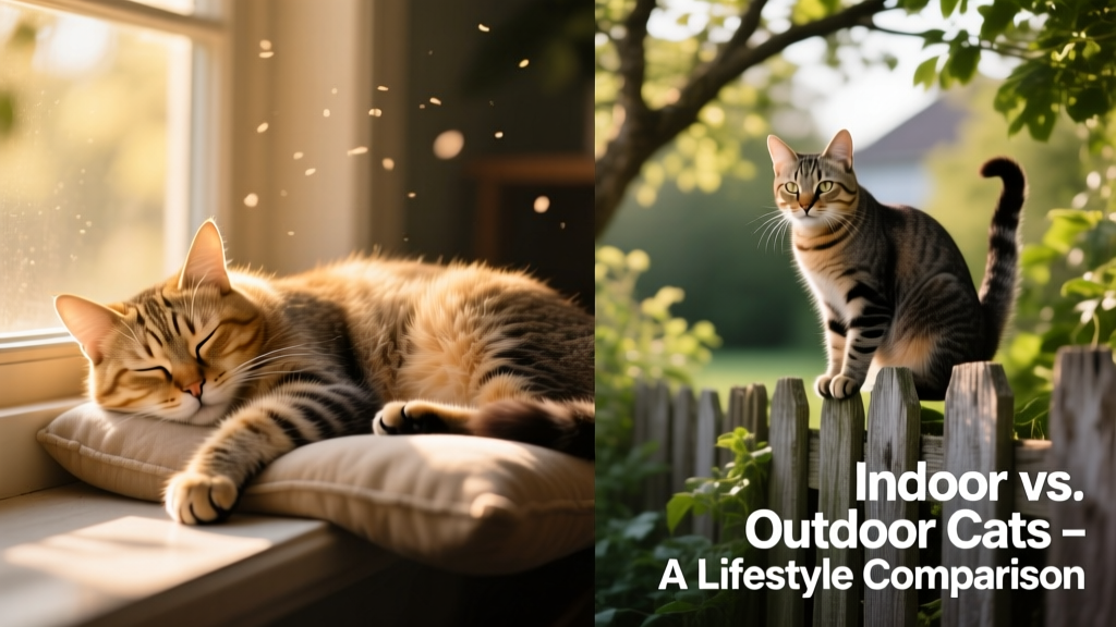 Side-by-side comparison showing a relaxed indoor cat napping on a sunny windowsill and an alert outdoor cat perched on a garden fence
