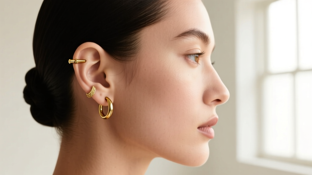 Side profile of an ear stack featuring a 3 mm gold helix stud, a tragus hoop, and lobe earrings against a neutral studio backdrop.