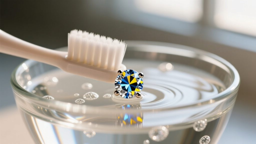 Close-up of a soft toothbrush cleaning the pavilion of a diamond stud earring in a glass bowl of warm soapy distilled water