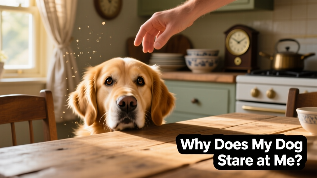 A dog peering out from underneath a table, gazing intently at its owner