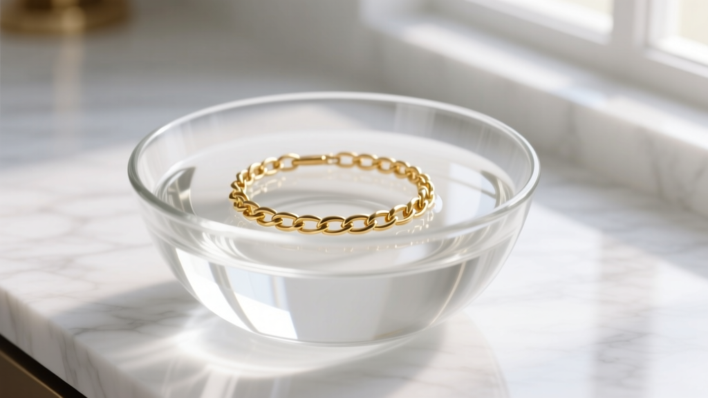 Close-up of a glass bowl of clear white vinegar with a submerged 14k gold link bracelet resting on a white marble countertop.