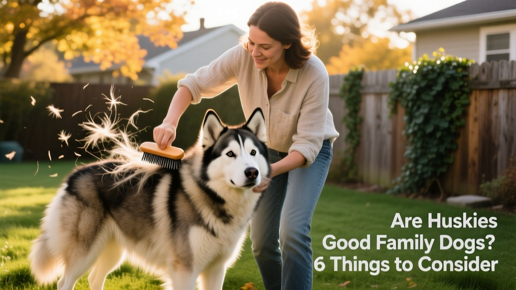 A Husky owner brushing their dog’s dense double coat outdoors, with visible loose fur on the brush