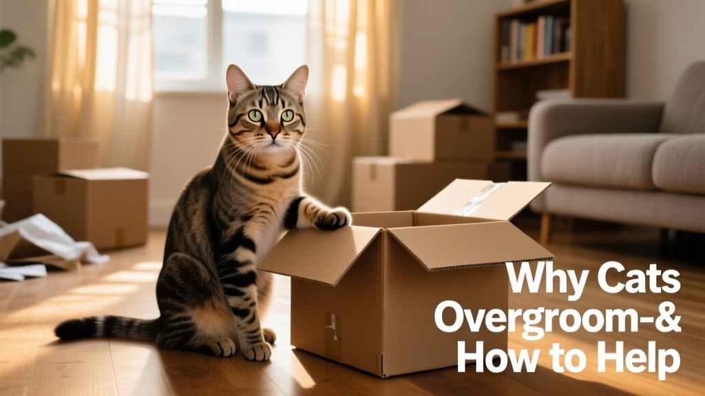 Cat resting beside unpacked moving boxes, looking alert but slightly tense