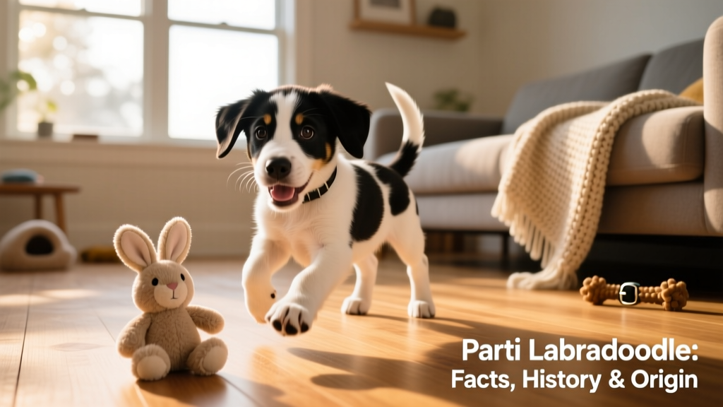 A young Parti Labradoodle puppy playing with a soft toy indoors