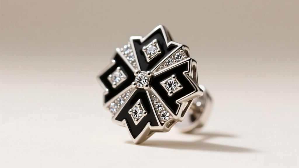 Macro photography of a vintage platinum art deco earring showcasing intricate black champleve enamel and pave marcasite detailing.