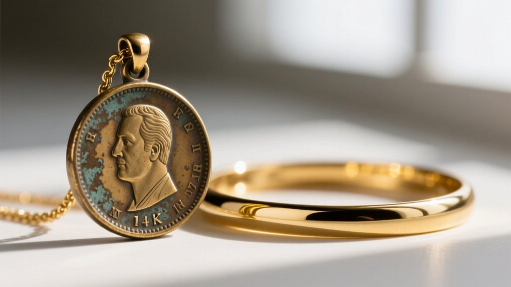 Macro shot of a tarnished brass coin pendant beside a 14k gold money necklace, highlighting the stark metal quality differences.
