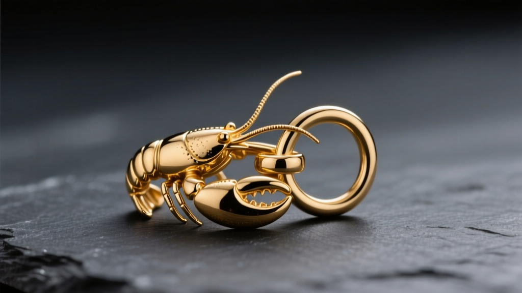 Macro view of a 14k gold lobster clasp on a soldered jump ring on dark slate under soft lighting to reveal polished metal.