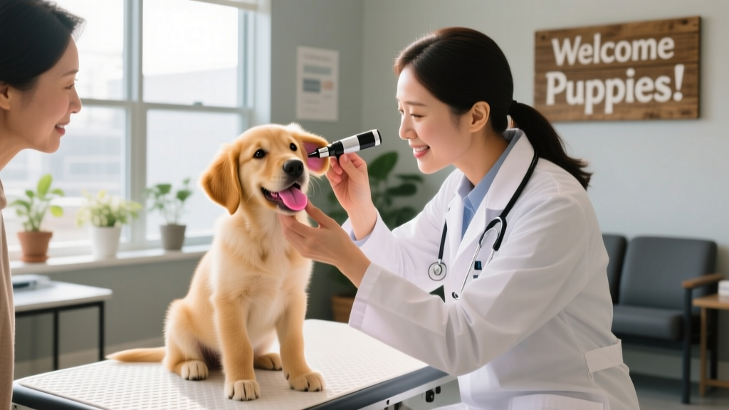 A veterinarian showing a pet parent how to check their puppy’s gums and ear health during a hands-on demonstration