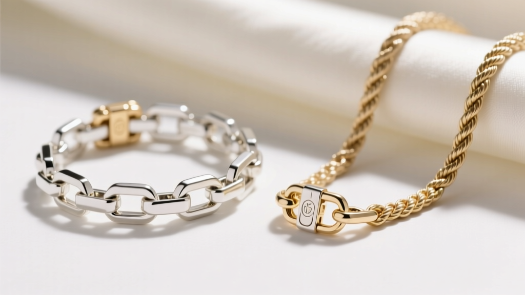 Macro shot of a white gold box chain and rope chain side-by-side, showing the intricate link weaving and secure lobster clasps.