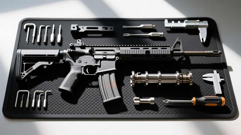 Disassembled AR-15 lower receiver, barrel, and bolt carrier group on a rubber mat with precision hand tools and torque wrench.