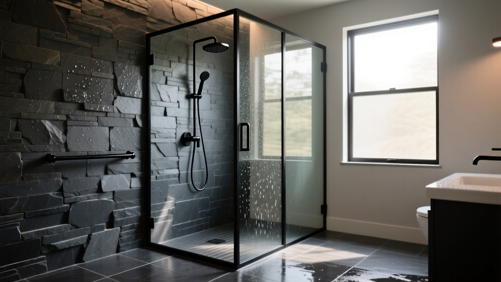 Wet-room shower wall clad in dark slate stacked stone veneer, framed by a glass enclosure and matte black fixtures in a modern bathroom