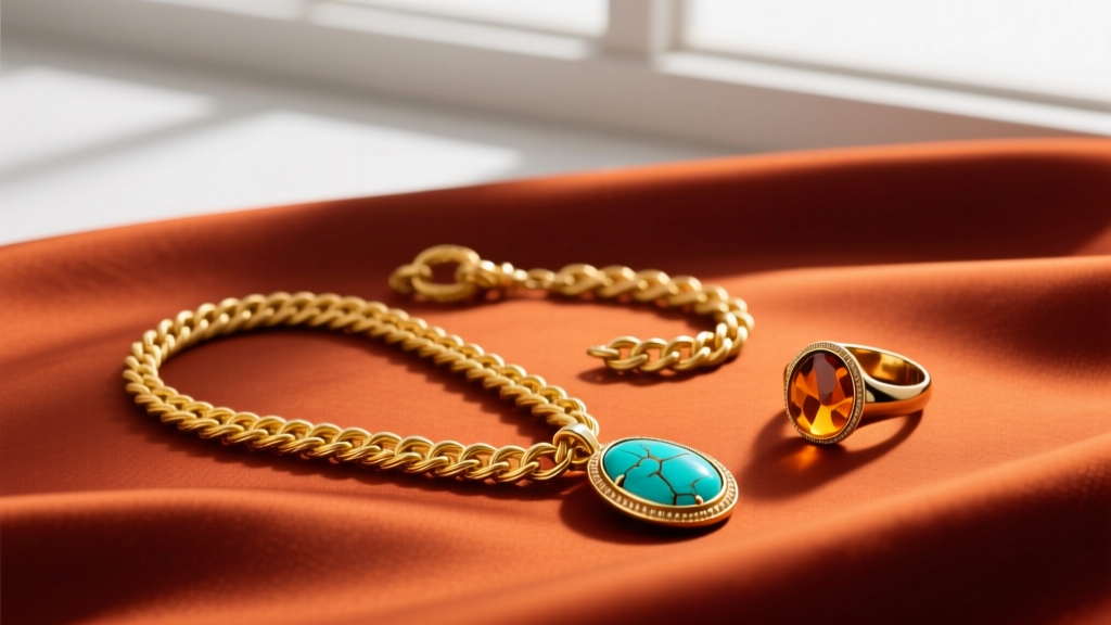 Flat lay of 1970s style 14k yellow gold rope chains, turquoise pendants, and amber rings resting on burnt orange silk fabric.
