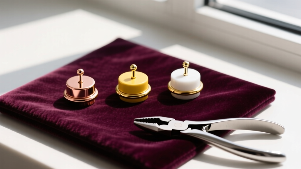 Flat lay of three daith clickers in rose, yellow, and white gold, arranged on a velvet pad next to a pair of ring-opening pliers.