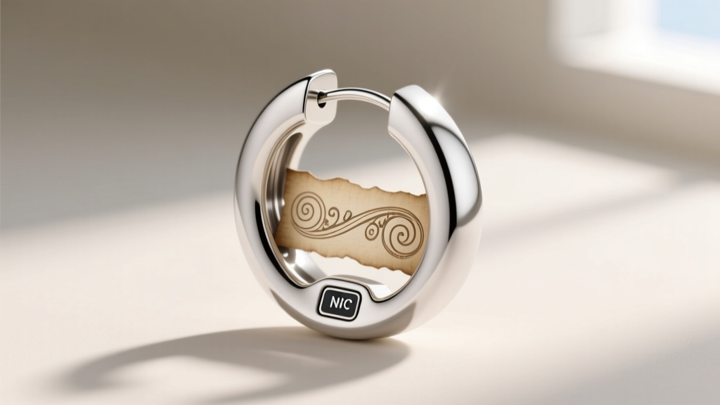 3D CAD rendering of a hollow bezel earring showing a hidden scroll slot and an embedded NFC chip for digital D&D sheets.