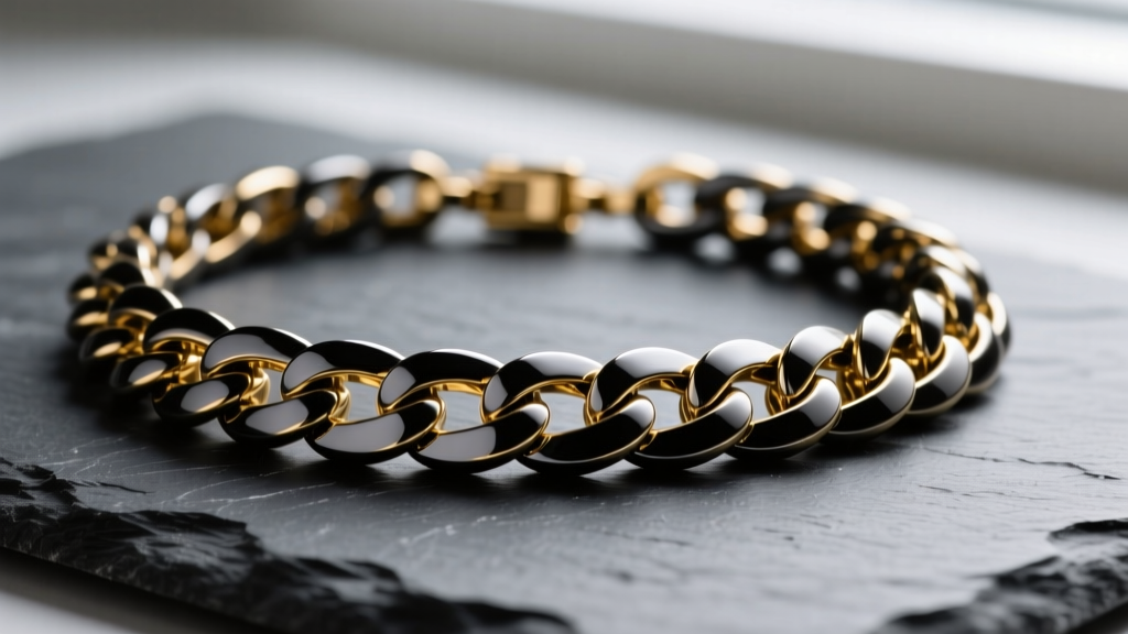 Macro shot of a black gold Cuban link necklace on dark slate, showing deep grey ruthenium plating and subtle metallic reflections.