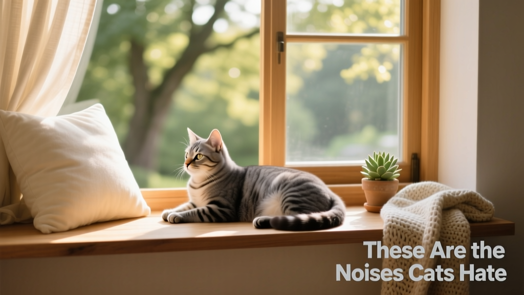 Cat relaxing on a cozy perch with a window view, looking calm and content