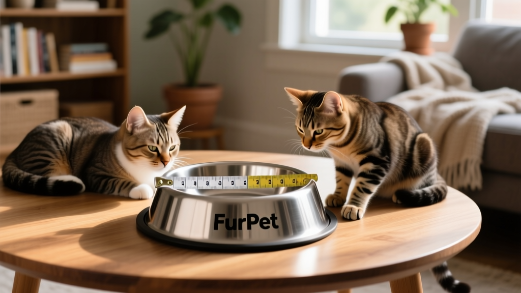 Measuring tape placed across a FurPetVo stainless steel bowl showing 5-inch diameter and 1-inch depth