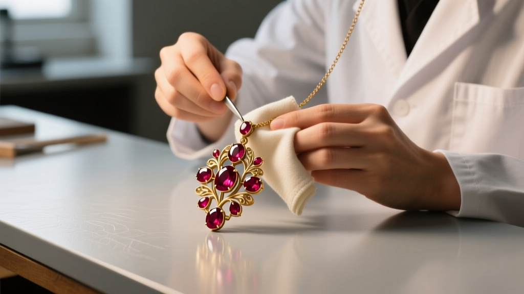 Jeweler using a soft microfiber cloth to polish a vintage botanical ruby necklace pendant under bright, warm workbench lighting.