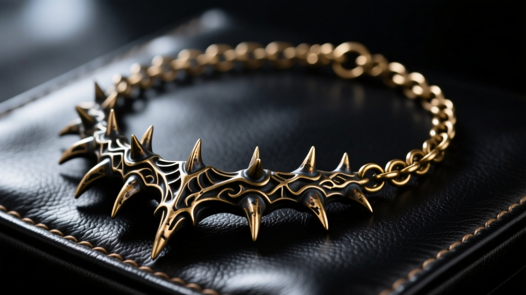 Resin OSRS dragonbone necklace replica on dark leather, showing carved spikes and brass chain under moody dramatic lighting.